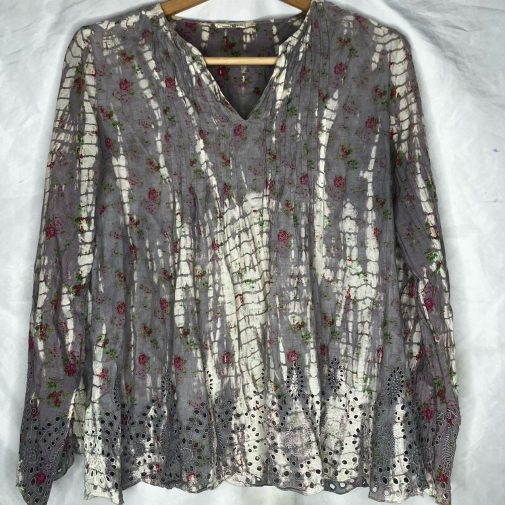 NATURAL LIFE purple Gray Floral Tie-Dye Long Sleeve eyelet peasant Top M L